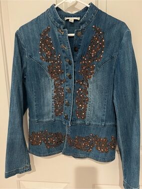 Coldwater Creek Blue Denim Jacket with Copper Embroidery